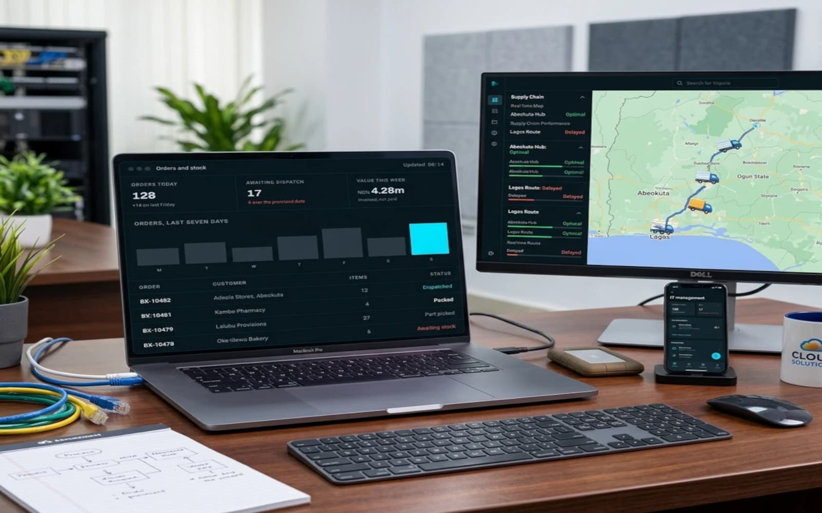 A desk with a laptop showing an order and stock dashboard, a monitor beside it tracking delivery routes between Abeokuta and Lagos, and a phone running the same system