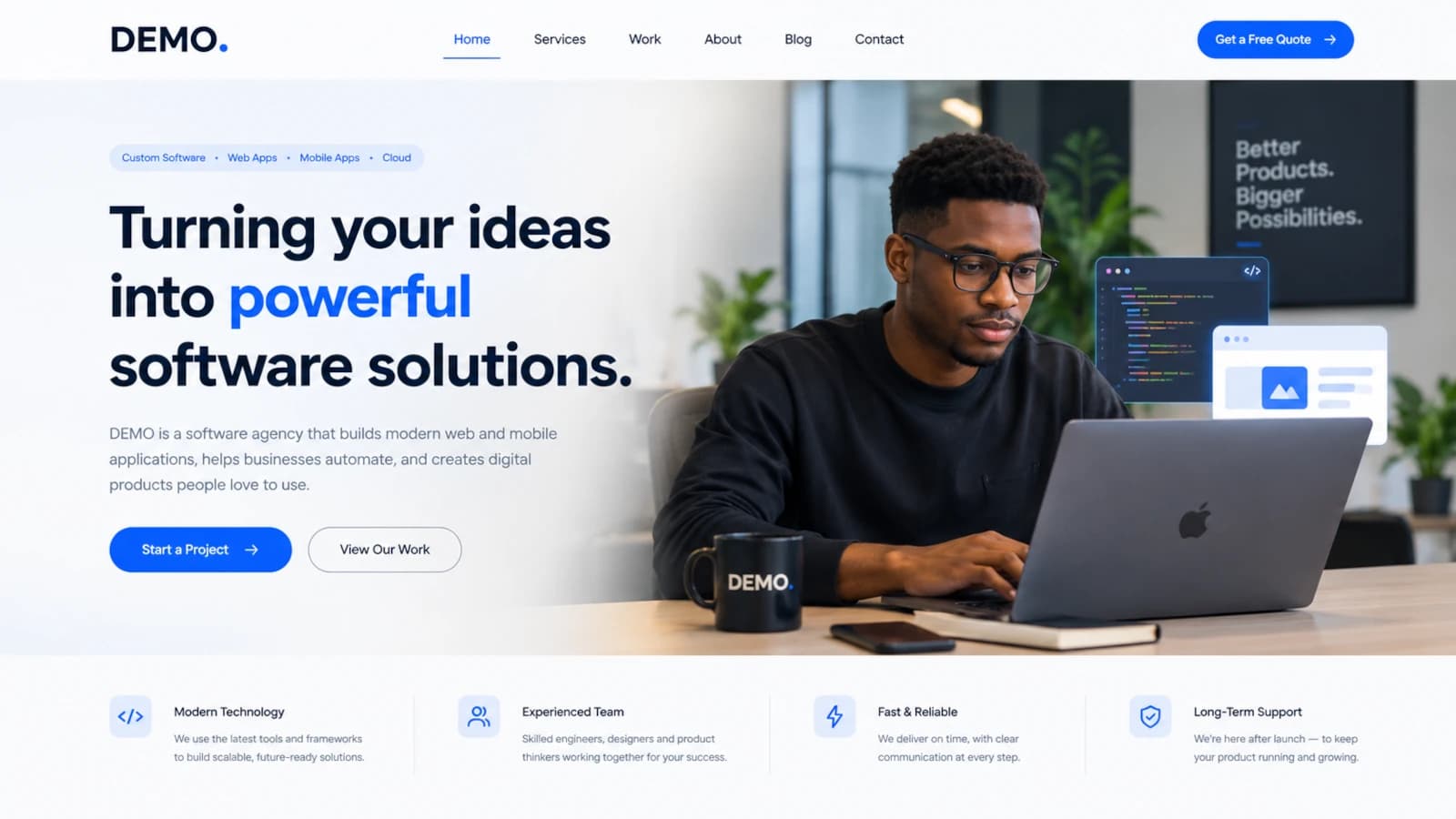 A software company website, with a developer working at a laptop and panels of code and page layout beside him