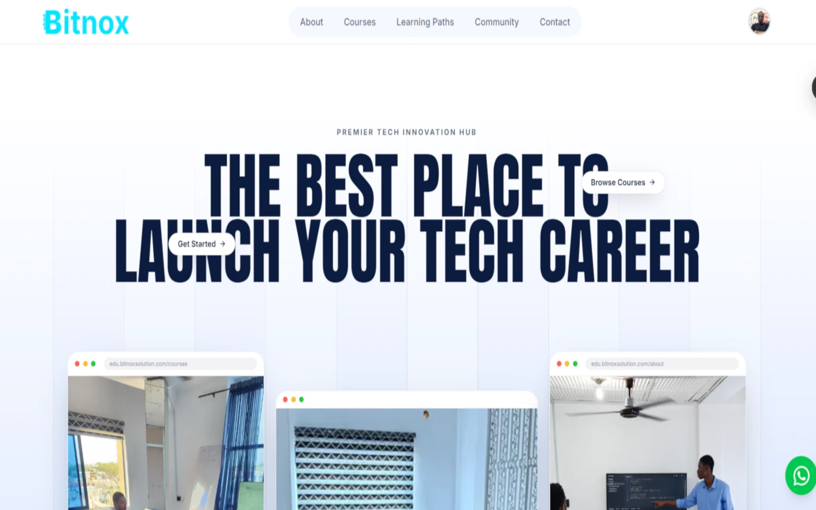 The Bitnox Education website, headed with an invitation to start a technology career, above photographs of classes running in the training rooms